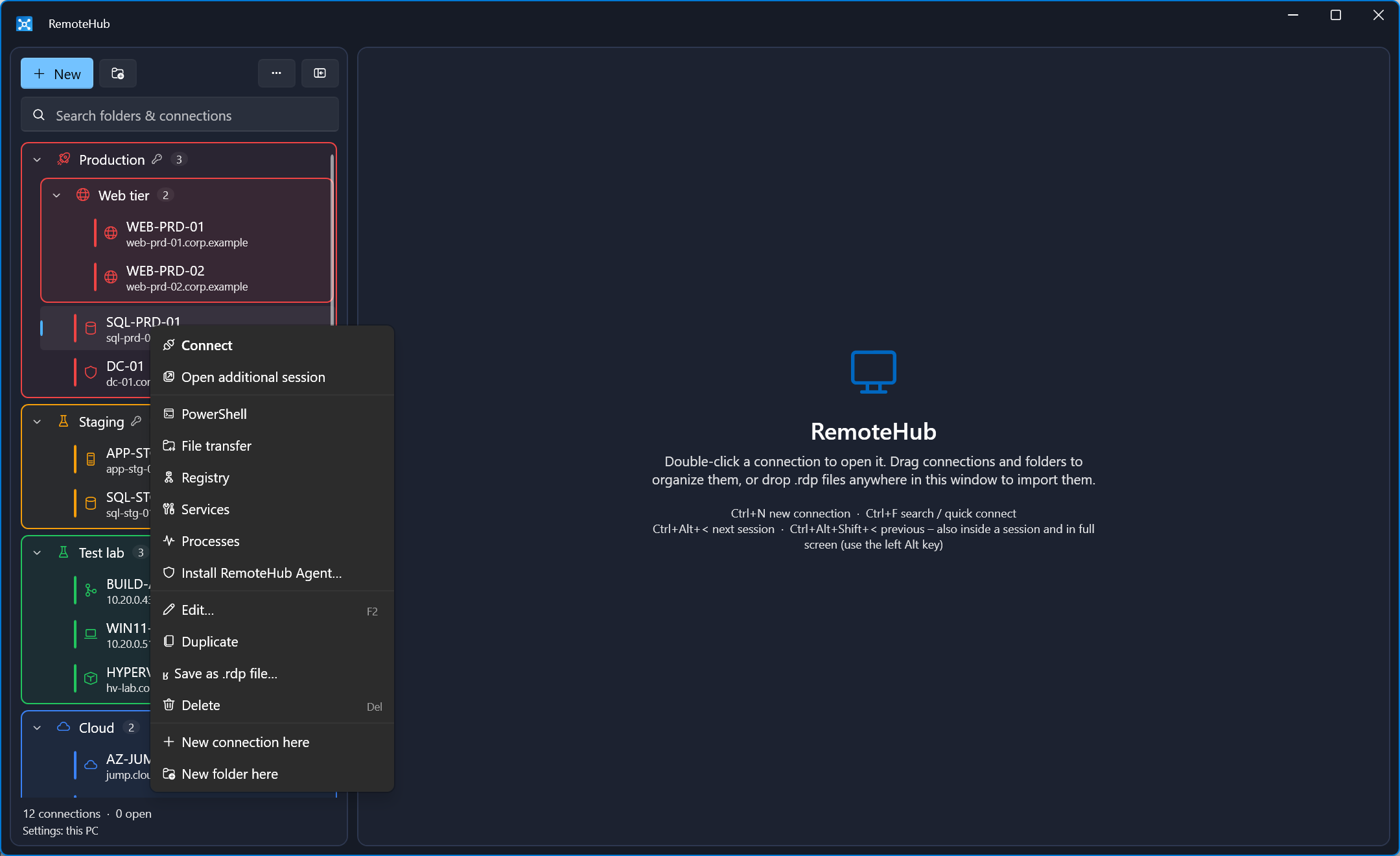 Right-click menu of a connection: Connect, PowerShell, File transfer, Registry, Services, Processes, Install RemoteHub Agent