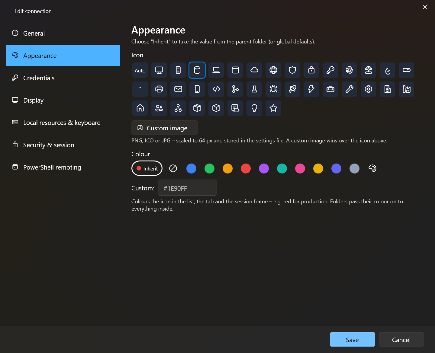 Appearance page: built-in icons and colour palette