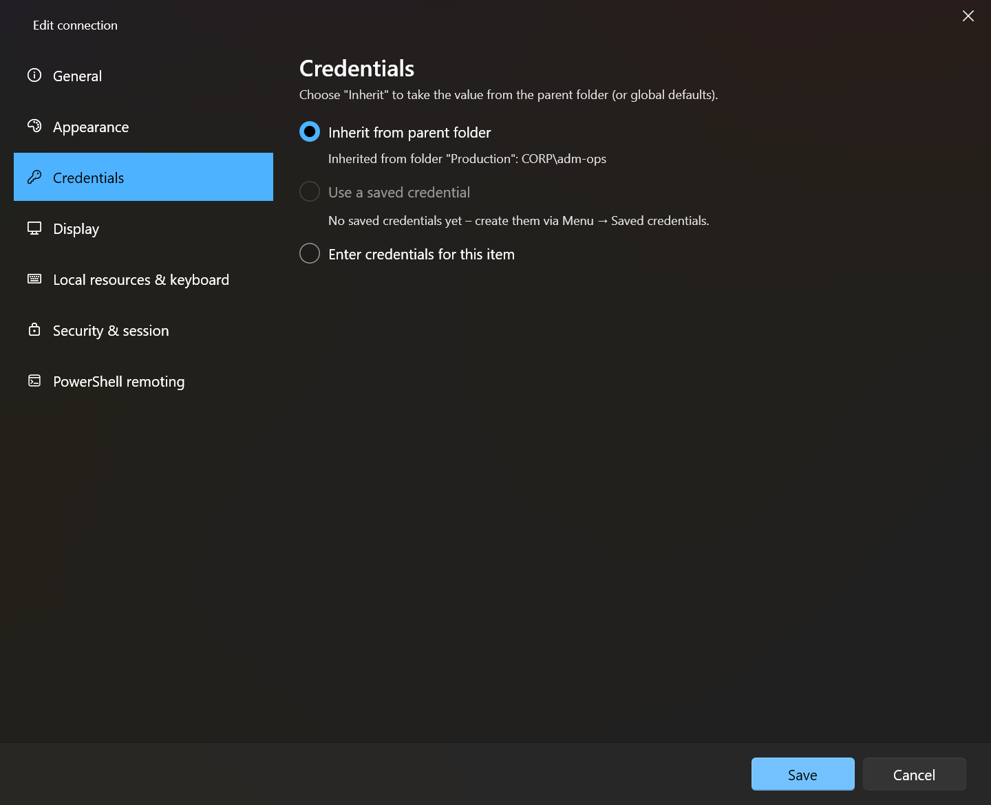 Connection editor: credentials inherited from folder Production