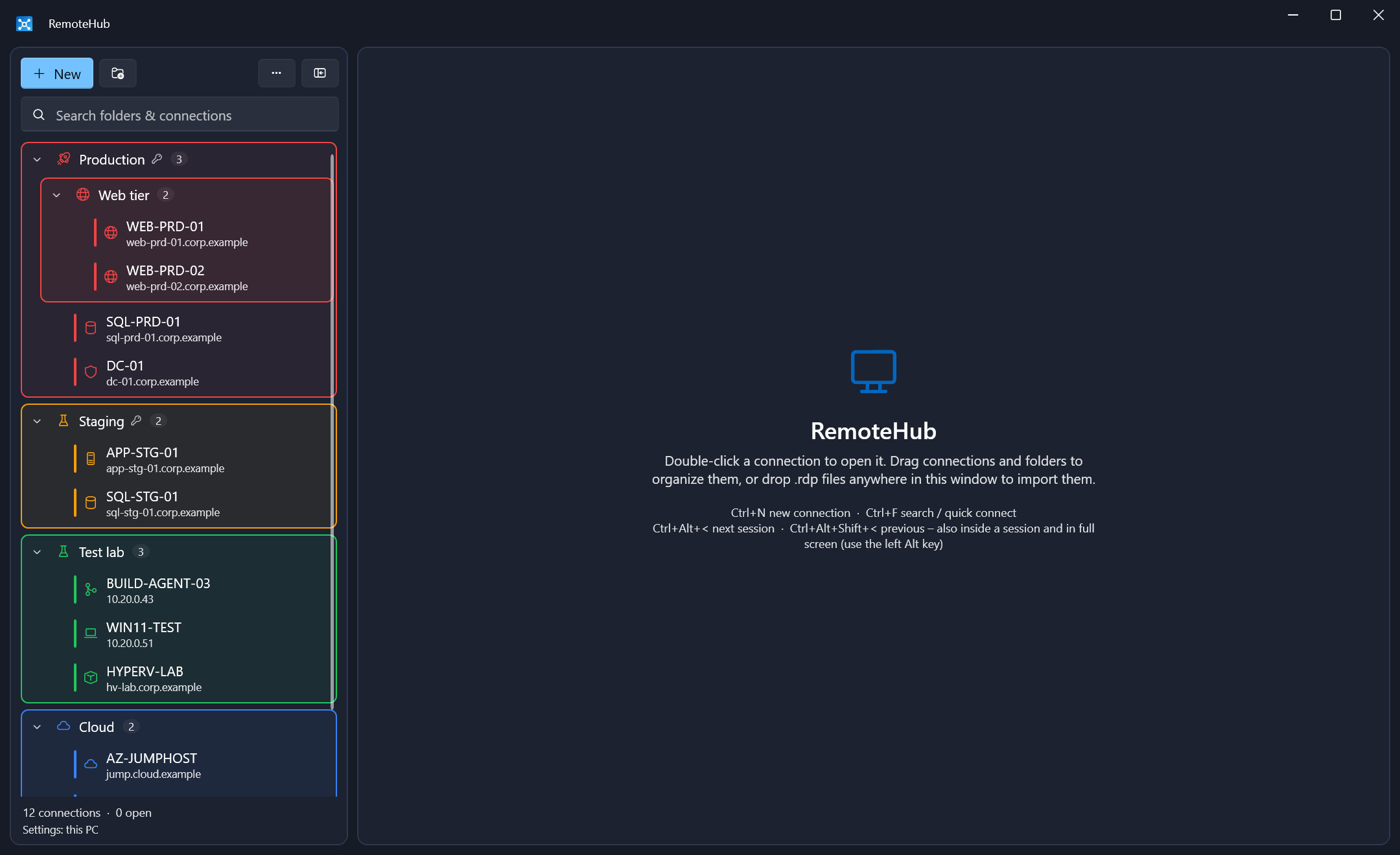 RemoteHub main window: a connection tree with a red Production folder, orange Staging, green Test lab and blue Cloud folders