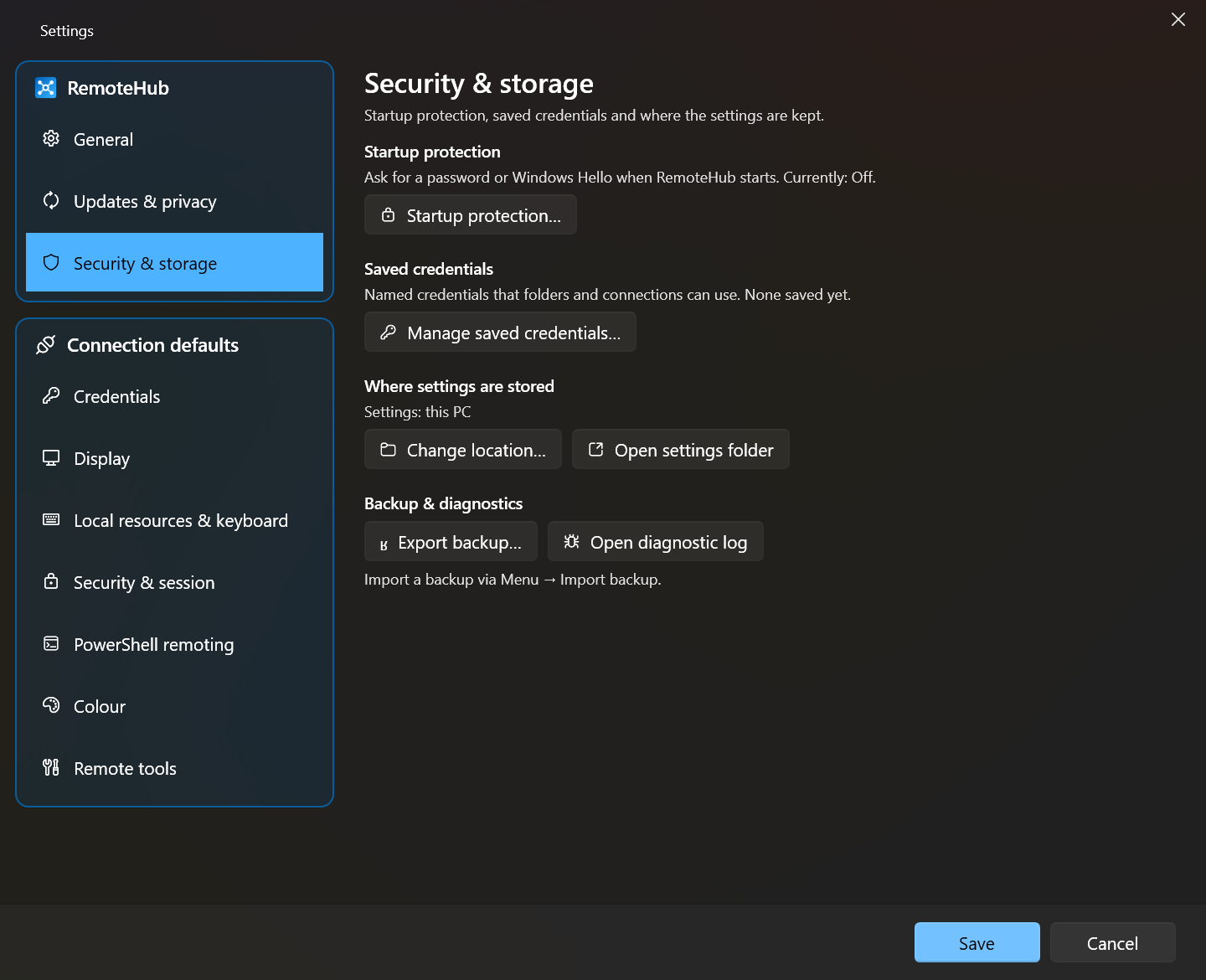 Settings: Security & storage page with startup protection, saved credentials, settings location and backup