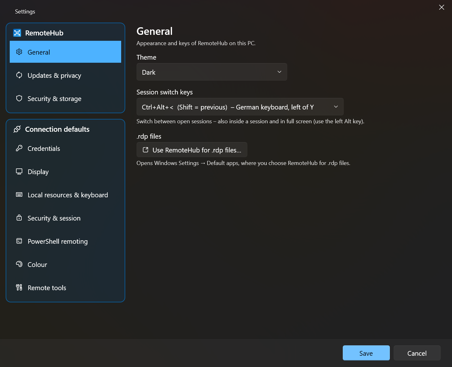 Settings window: General page with theme, session switch keys and .rdp files
